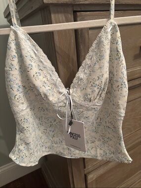 Princess Polly Cream Camisole with Blue Floral Print and Lace Trim